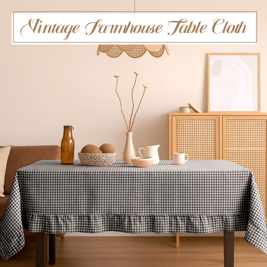 Black Gingham Ruffled Tablecloth, 60 x 120 Inches, Rectangle