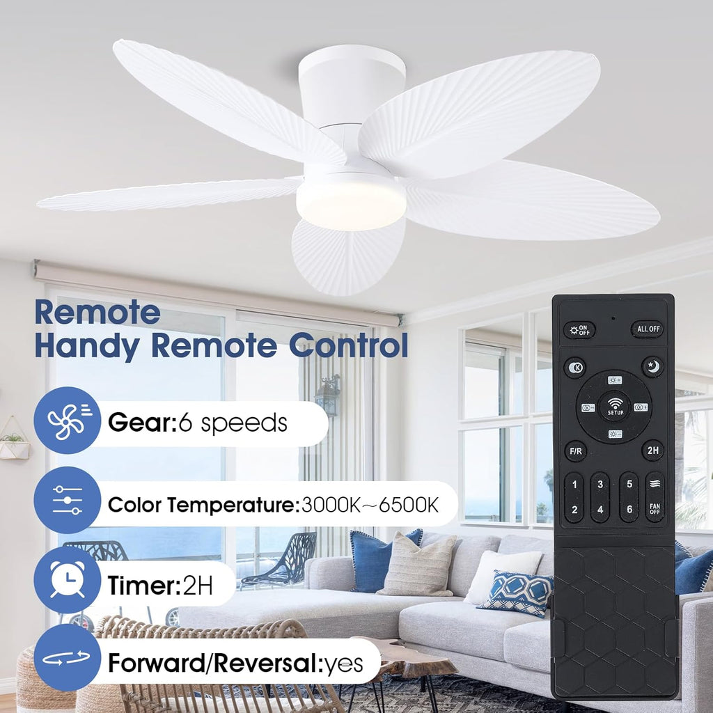 Palm Leaf Ceiling Fans with Lights-42 Tropical Ceiling Fan with Light and Remote/APP Control,Flush Mount Low Profile White Ceiling Fans for Bedroom,Indoor/Outdoor Patio Use