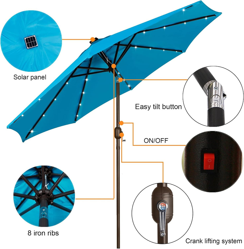 9 ft Solar Umbrella, 32 LED Lighted Patio Umbrella, Table Market Umbrella, Outdoor Umbrella Pool and Beach (Light Blue)