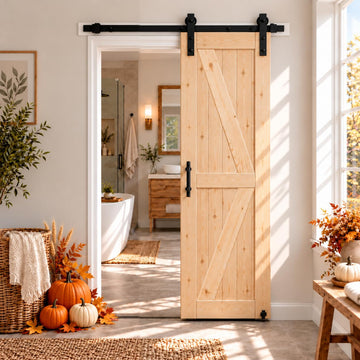 30in x 80in Unfinished British Brace Knotty Barn Door with Sliding Door Hardware Kit/Solid Wood/Sliding/Double