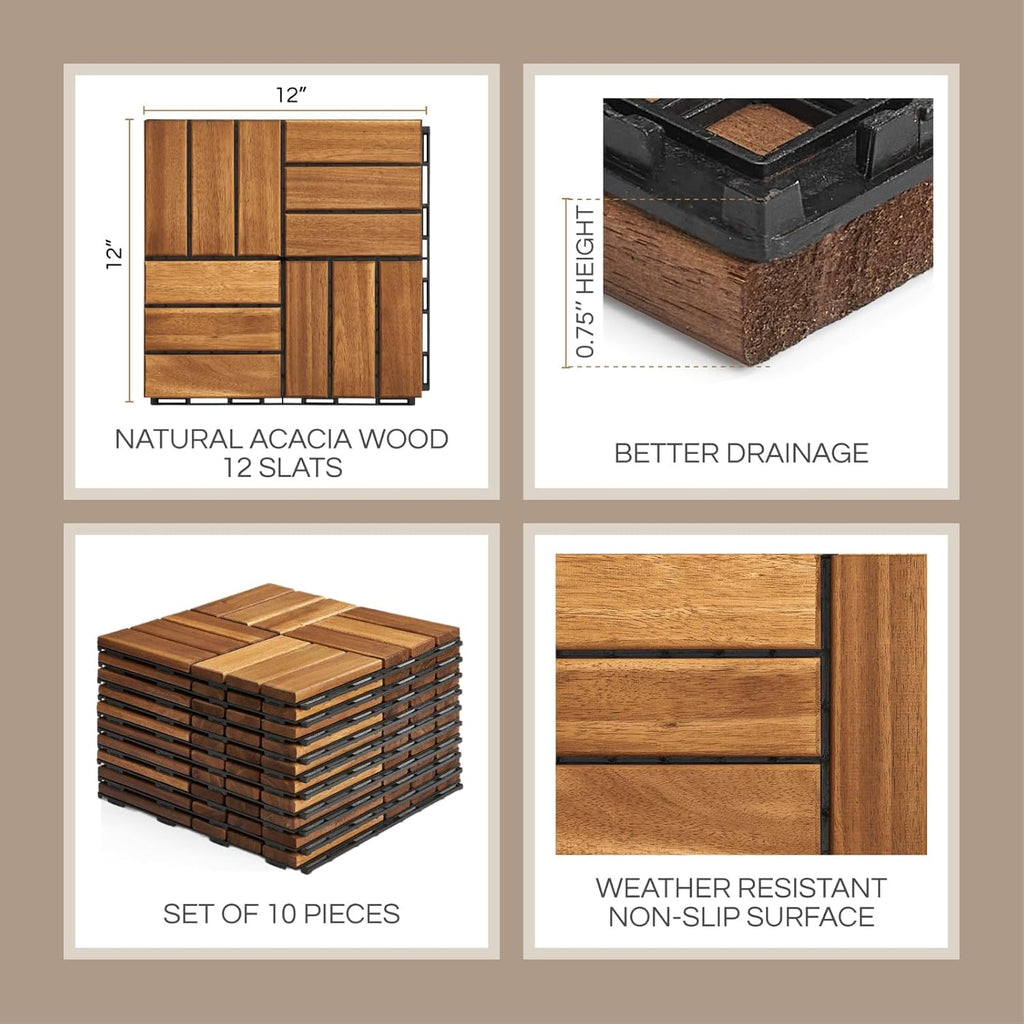 Premium Deck Tiles, Patio Flooring - Set 10 Pcs 12”x12”x0.9” Interlocking Deck Tiles, Waterproof Acacia Wood for