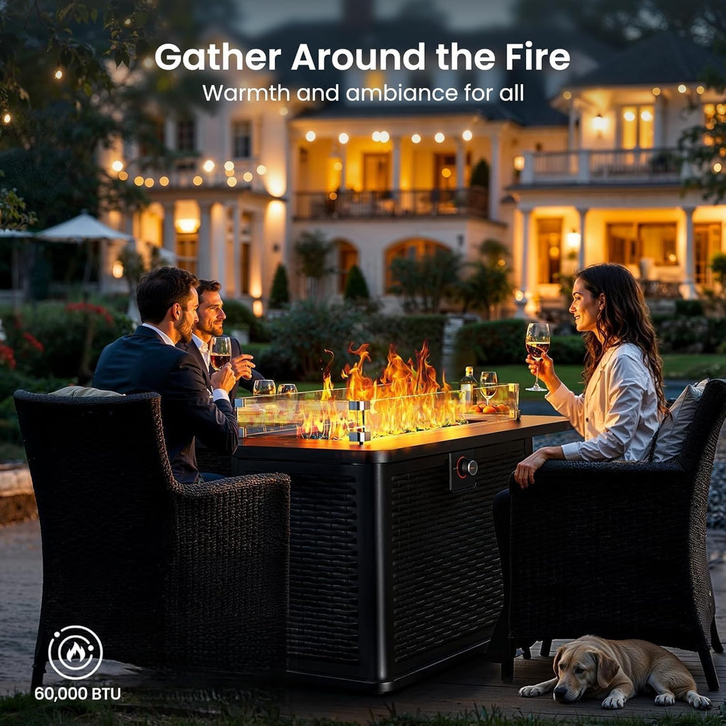 43-Inch Rectangular Propane Fire Pit with 60,000 BTU Output, Fire Pit Table Premium Gas for Outside Patio with 304 Stainless Steel H-Burner, Glass - Image 2