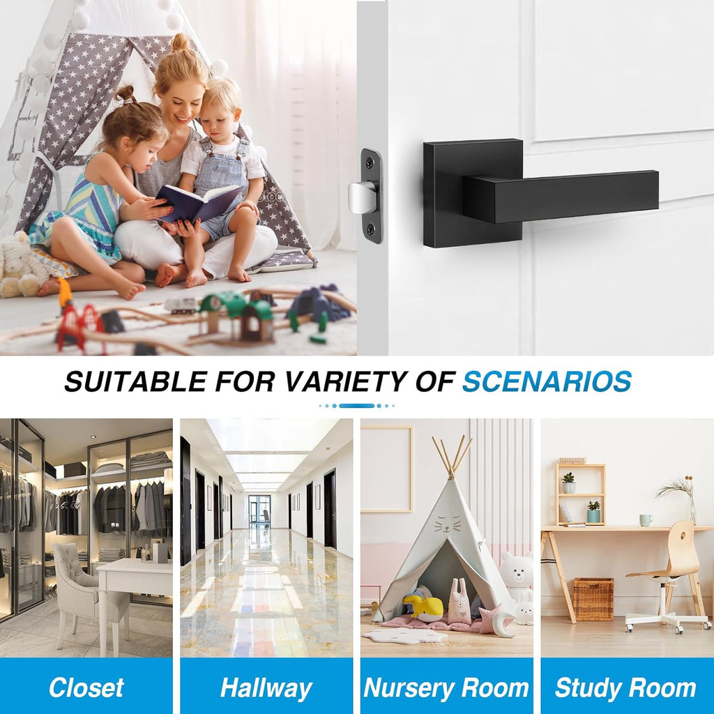 4 Pack Black Door Handles Interior, Passage Door Levers Closet Door Knobs Heavy Duty Square Non-Locking Handlesets