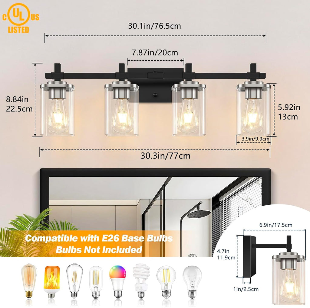 4-Lights Black and Brushed Nickel Vanity Lights with Clear Glass Shade, Bathroom Wall Light Fixtures, 30.3 Inch Large
