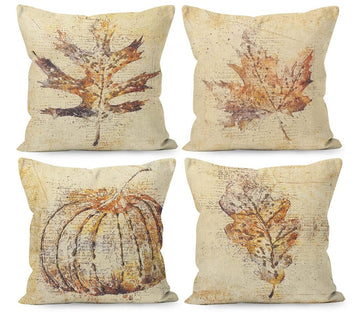 Fall Pillow Covers - 20x20, Rustic Pumpkin Maple Leaves Harvest Linen Throw Pillow Covers Set of 4, Farmhouse Autumn