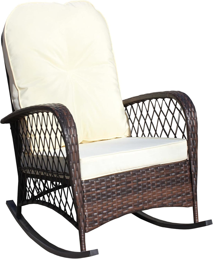Outdoor Wicker Rocking Chair, Rattan Patio Rocker, Steel Frame | Outdoor Wicker Rocker Chair Cushioned Patio Rocker