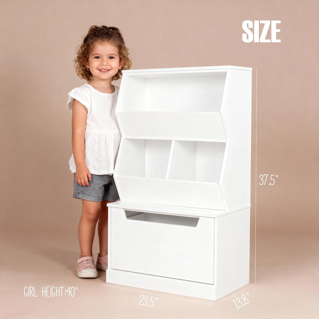 Slanted Kids Toy Storage Organizer, Children Storage Cubby with Drawer | Kids Bookshelf and Bookcase, Full-Width
