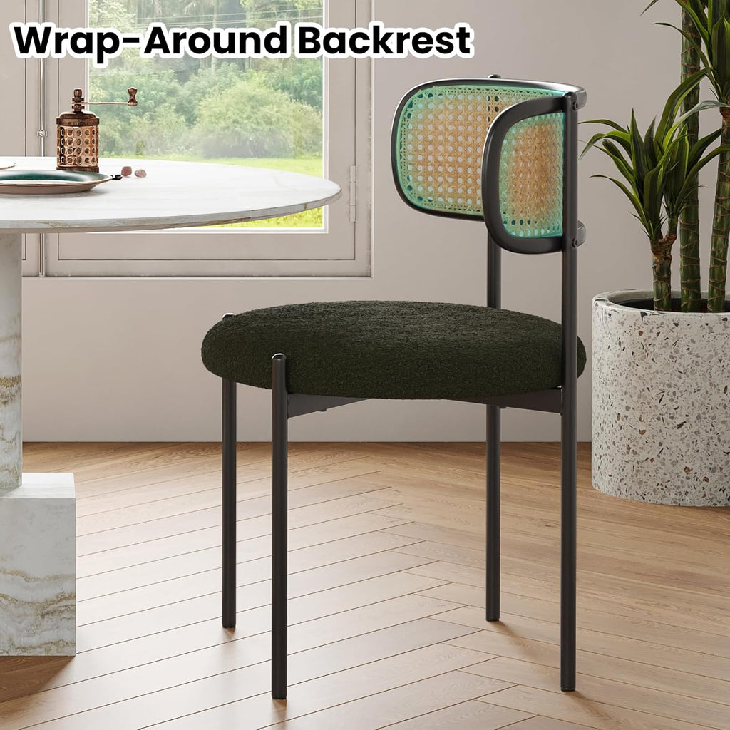 Modern Dining Chairs Set of 2, Upholstered Chairs with Rattan Back and Metal Legs, Green