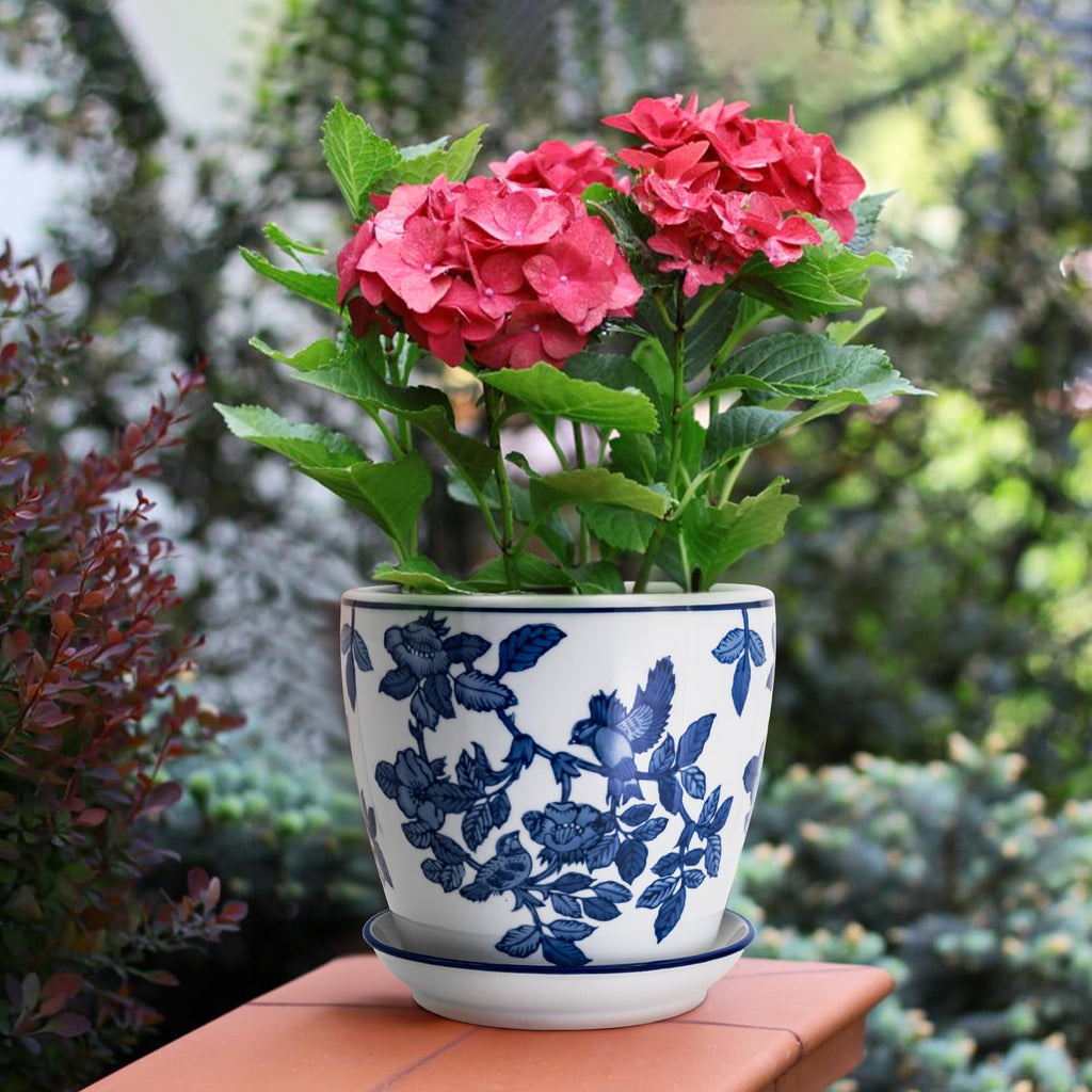 8 inch Ceramic Flower Pots, Chinoiserie Decor Ceramic Planter Plant Pots for Indoor Plants with Drainage and Saucer
