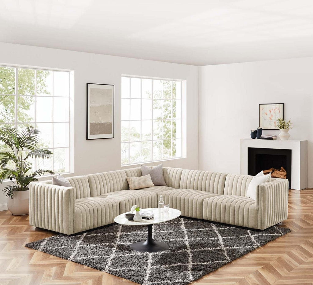 Conjure 5Pcs L-Shaped Channel Tufted Fabric Sectional in Beige/Black