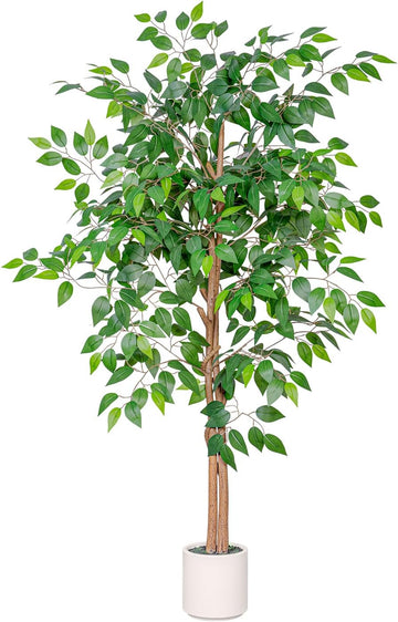 5FT Artificial Ficus Tree with White Planter, Realistic Faux Silk Indoor Outdoor Plant Living Room, Porch, Garden