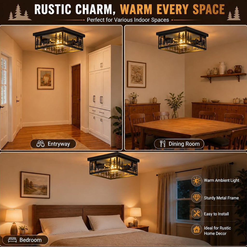 Rustic Horse Ceiling Light, 2-Light Farmhouse E26 Fixture