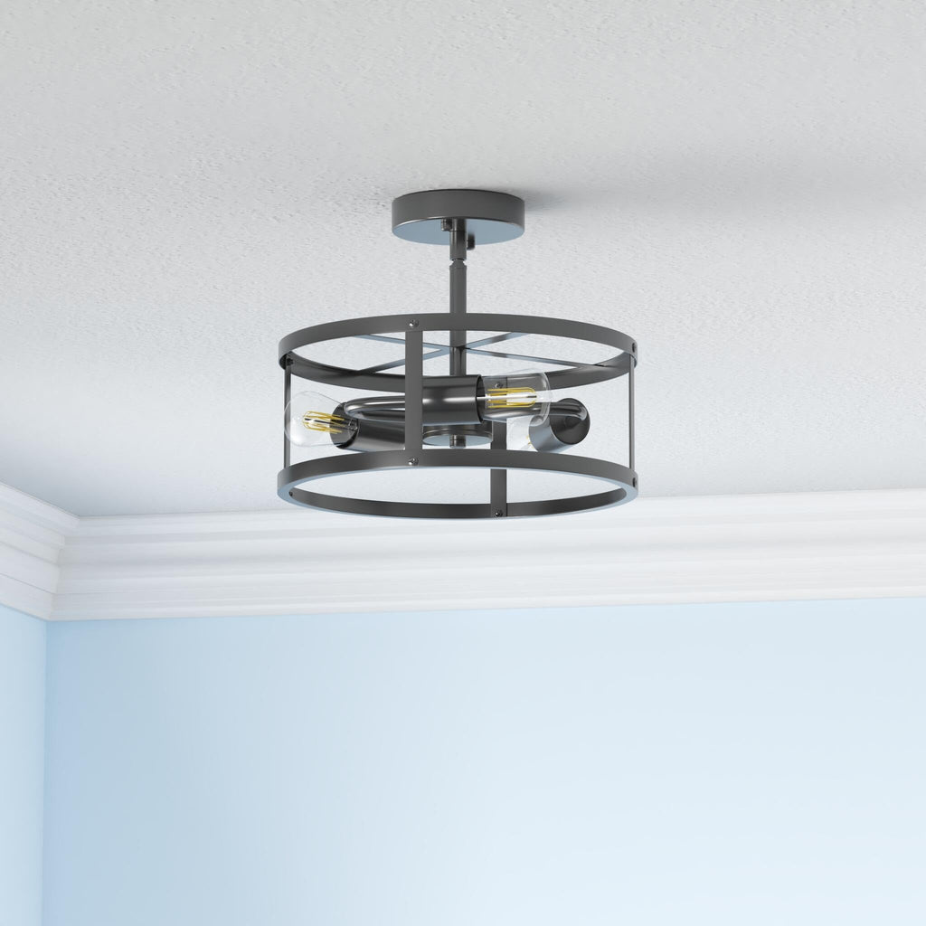 Semi Ceiling Light Fixture, 3-Light Black Flush Mount Ceiling Light, 13 Inch Hallway Light fixtures Ceiling, Light