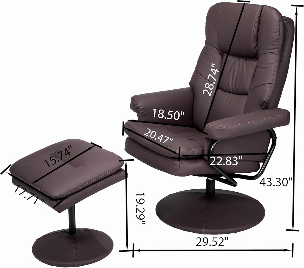 Modern Reclining Swivel Lounge Chair and Ottoman — Brown Leather