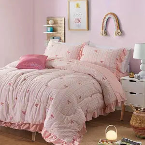 Rainbow Stripes & Bows Bedding,6pc Ruffle Girls Full Comforter