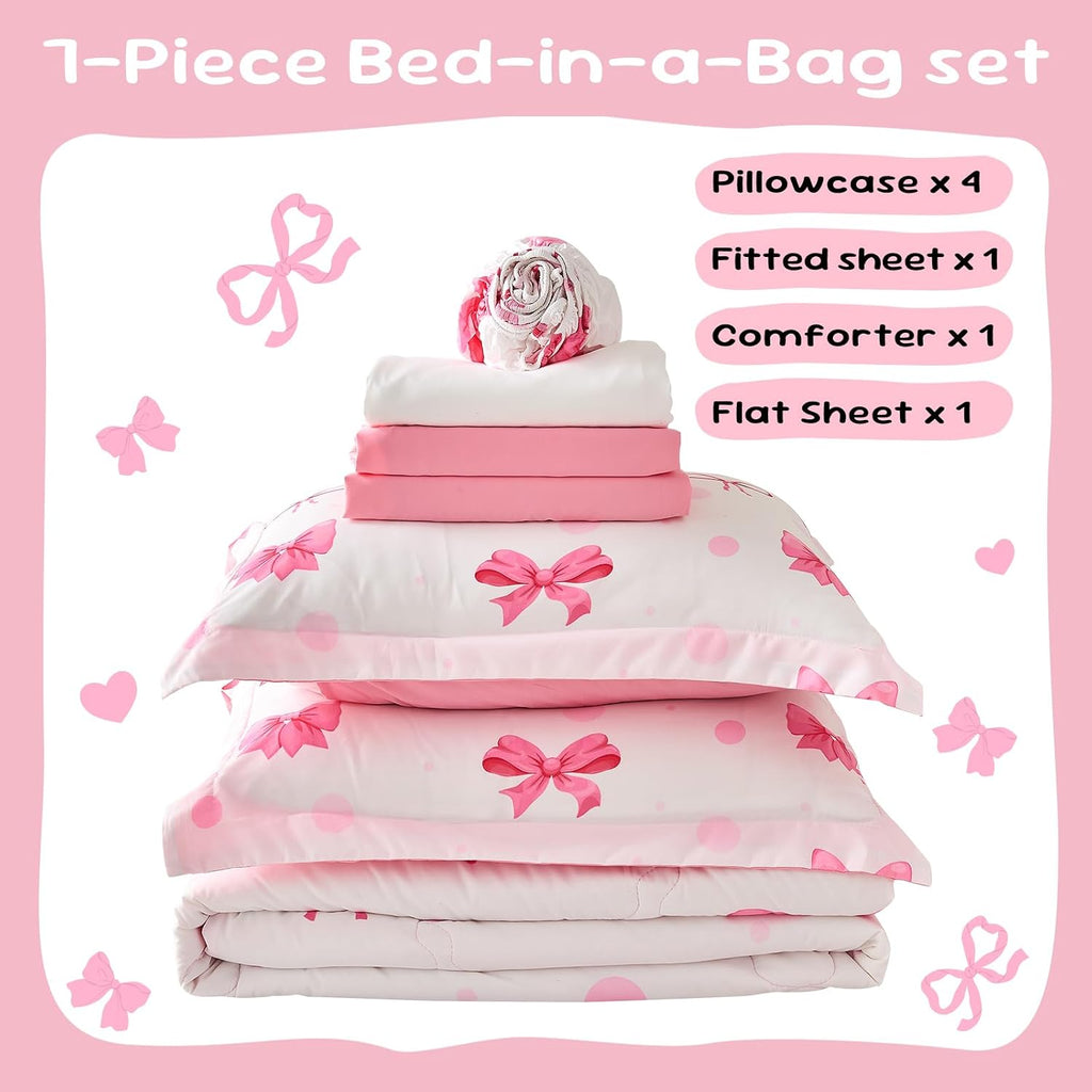 7 Piece Pink Bow Bedding Set for Girls Kids Comforter Set with Sheet and 2 Pillowcases 2 Pillow Shams Cute Girls