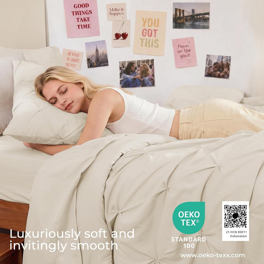 Twin Comforter Set, 5-Piece Bed in a Bag, Pintuck Bedding Sets for All Season, Includes Comforter, Flat Sheet, Fitted