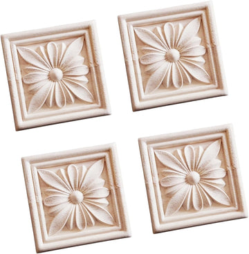 4 Pcs Decorative Wood Carved Appliques Onlays Small Flower Square Rosette, 2.36 x 2.36inch Unpainted Solid Wood