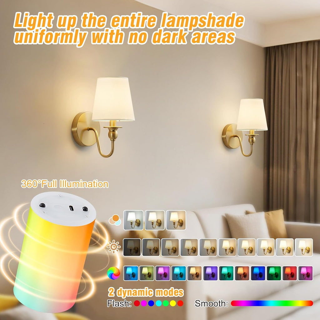 Battery Operated Wall Sconces set of Two,Wireless Wall Sconces with 10000mAh Dimmable Bulb and Remote,LED 15 Colors