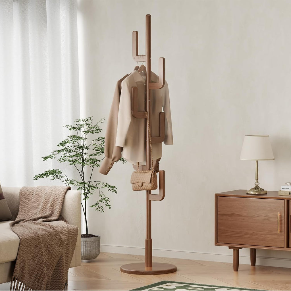 Solid Wood Cactus Coat Rack, Freestanding Coat Rack With 6 L-Shaped Hooks and 3 Adjustable Sizes, Coat Tree , Coat