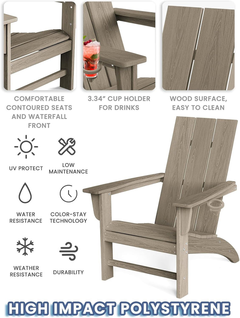 Modern Adirondack Chair with Cup Holder, HDPE Plastic Patio Chairs | Wood Texture Outdoor Chairs, Lawn Chairs for