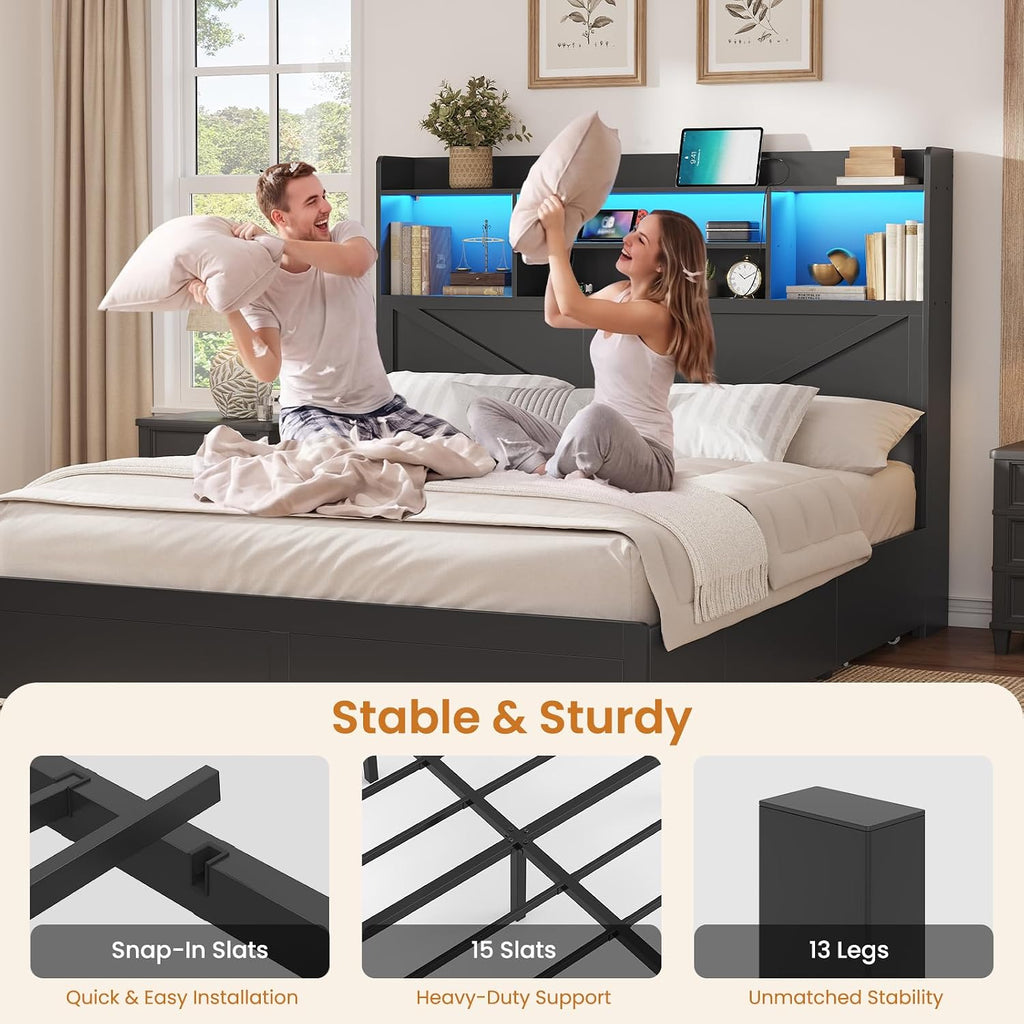 Queen Bed Frame with 6 Storage Drawers, Farmhouse Bed Frame Queen with Bookcase Headboard, LED Lights & Charging