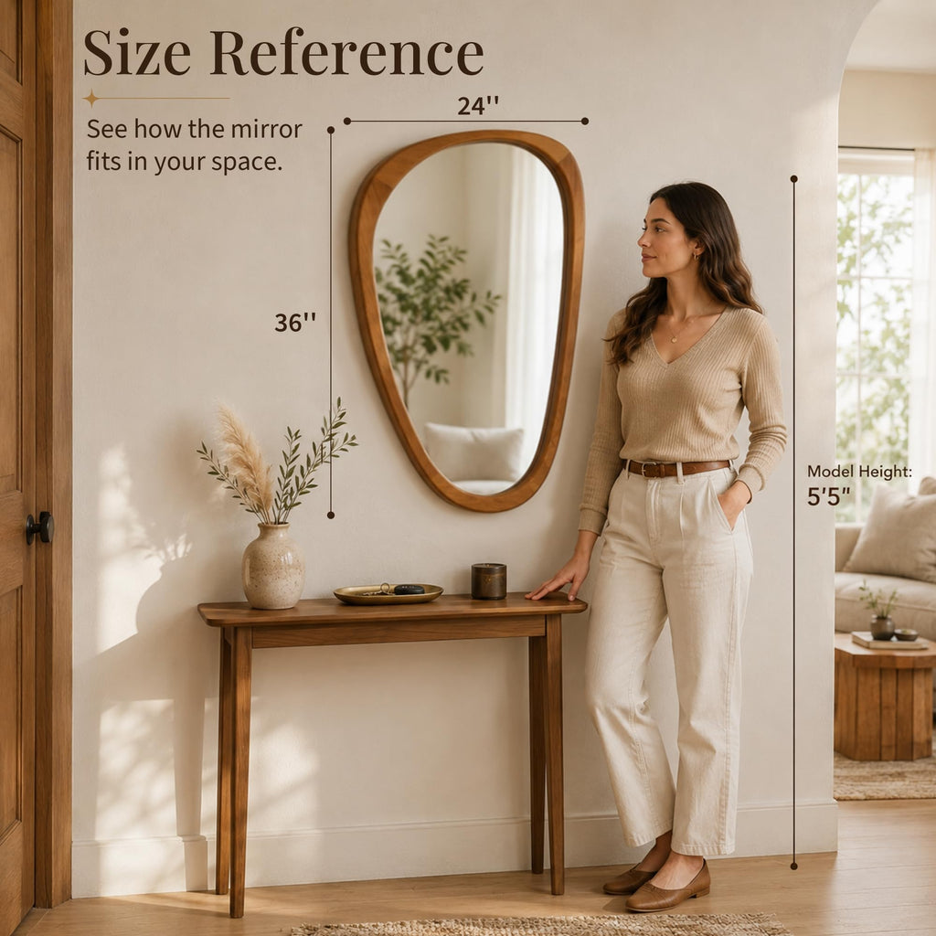 24x36 Inch Warm Walnut Irregular Solid Wood Bathroom Vanity Mirror