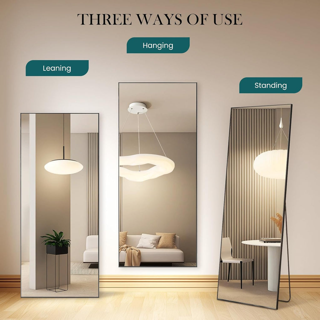 64"x21" Full Length Mirror, Full Body Mirror, Black, Aluminum Alloy Thin Frame, Leaning or Hanging