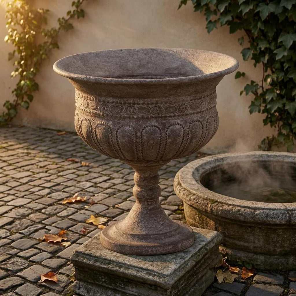 Outdoor Trophy Vase Garden Urn Planter Pedestal Pottery Decorative Container Iron Construction Textured Stone Like