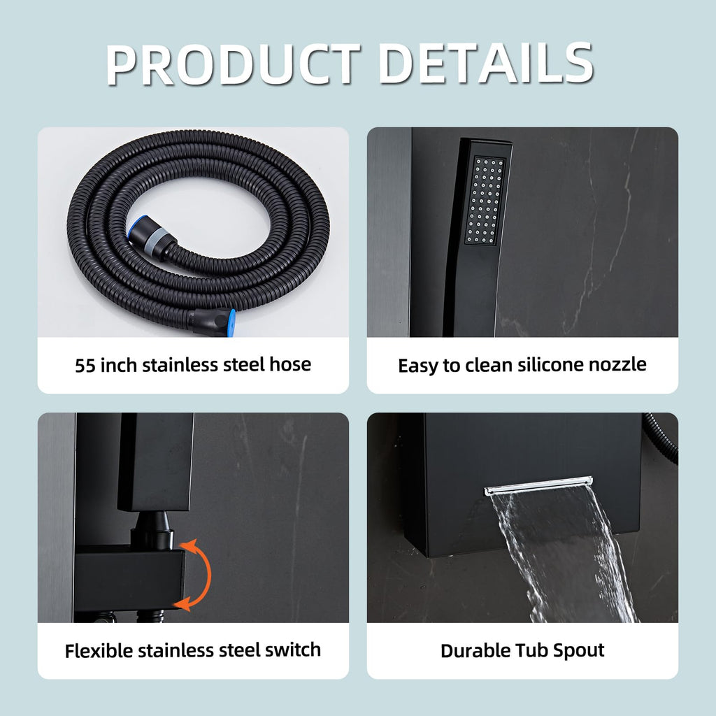 Shower Panel Tower System,Rain Shower Head Rainfall black-LED