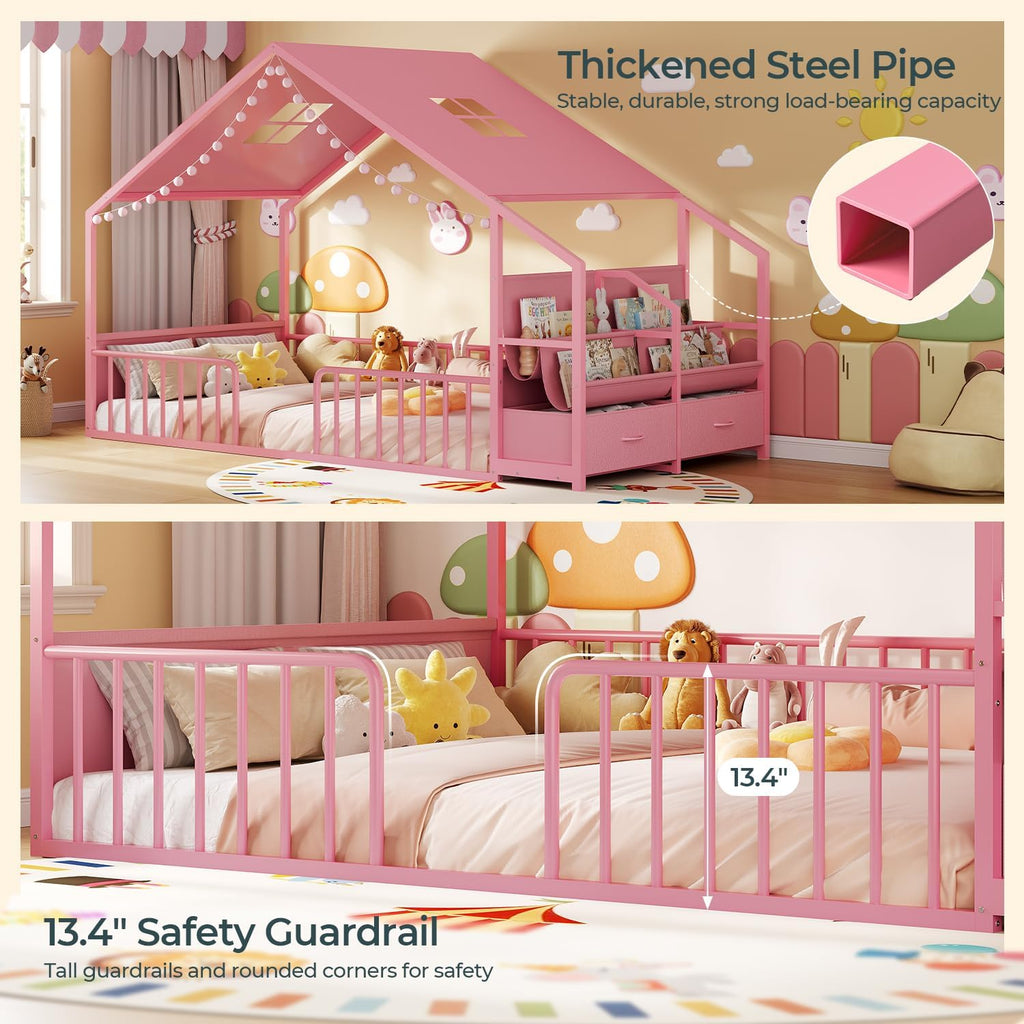 Montessori Twin Floor Bed, Safety Guardrail, Reading Nook, House Shape,Pink | Sling Bookshelves, Storage Drawers