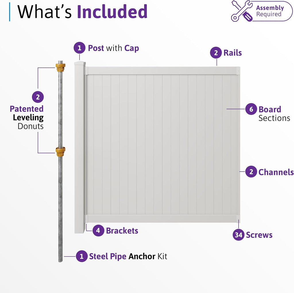 6ft H x 6ft W (1 Panel + 1 Post) Permanent No Dig Privacy Fence Kit, Durable White Vinyl Privacy Fence, BL19110