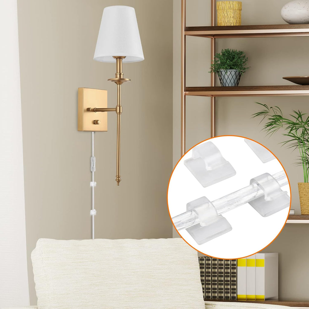 Dimmable Wall Sconces Set of Two, Plug in Wall Sconces White Fabric Shade, Wall Lamp for Bedroom, Living room, Plug
