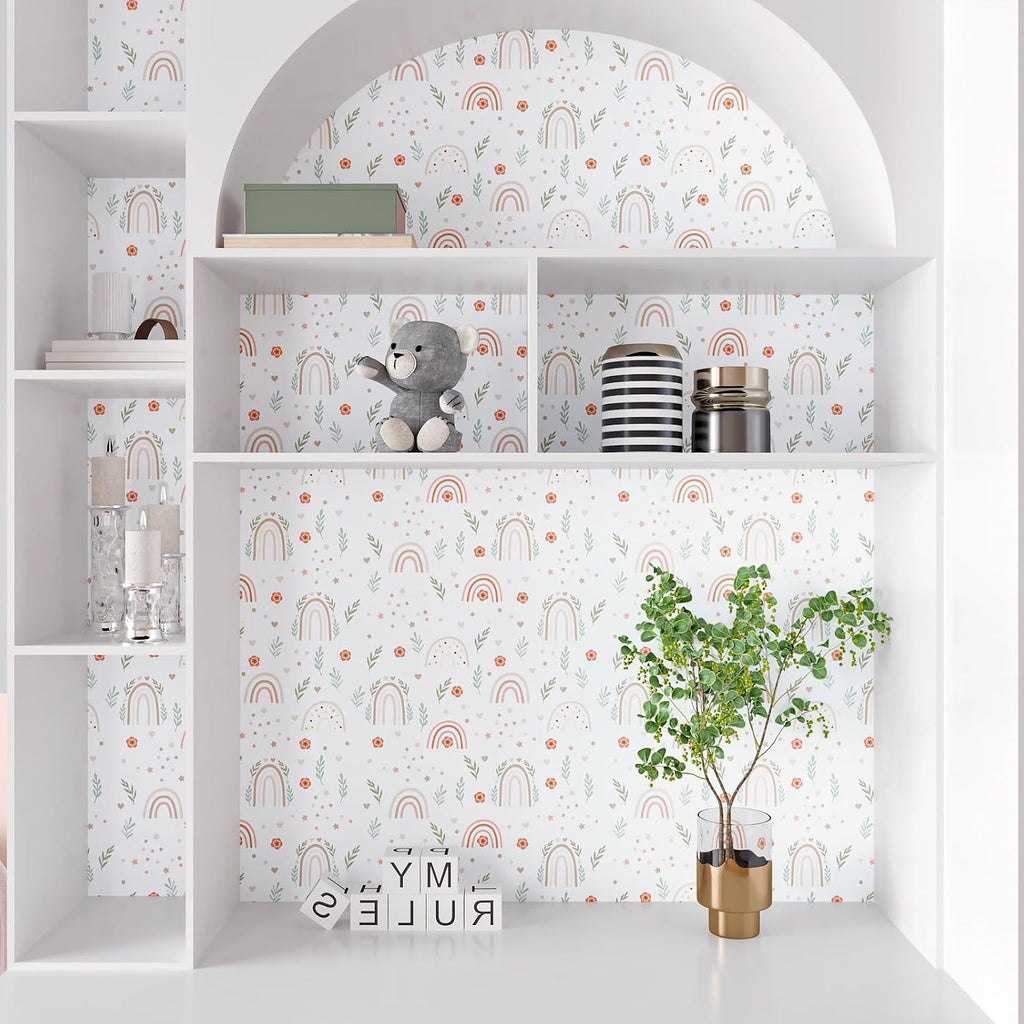 12''x472'' Rainbow Wallpaper Peel and Stick Boho Wallpaper Colorful Flower Leaf Wall Paper for Kids Room Nursery Self
