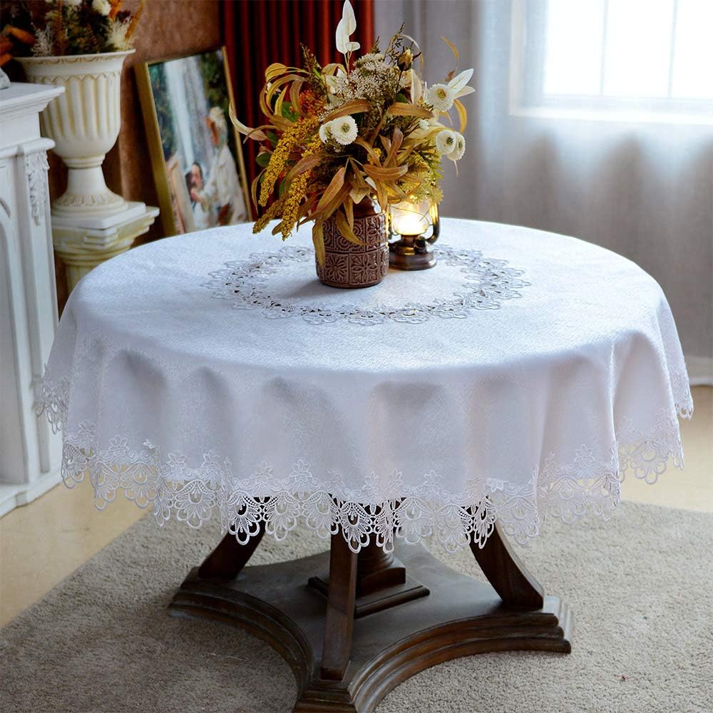 Round Tablecloth Lace Rustic Macrame Embroidered Table Cloths for Harvest Dresser Decor Farmhouse Kitchen Home (White