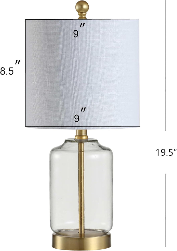 19.5" Brass Gold and Clear Glass Table Lamp, Glam Transitional Bedside Lamp Nightstand, White Linen Drum Shade