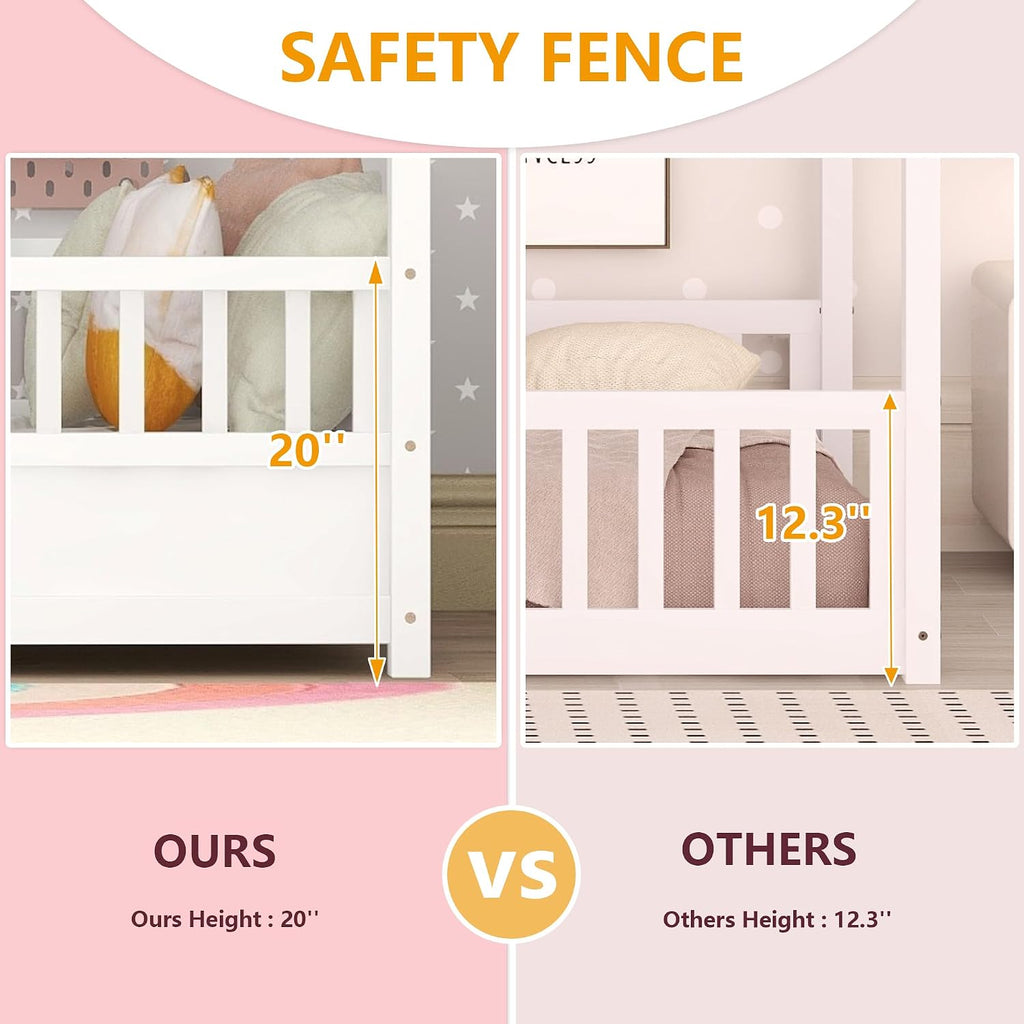 Kids Montessori Bed Twin Size, Twin Floor Bed with High Fence, House Beds for Kids, Girls, Boys, Wood Montessori