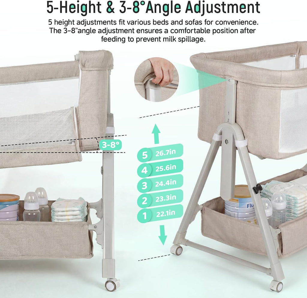 Bassinet Bedside Sleeper,3-in-1 Baby Bassinet with Mattress & Wheels,Easy Folding Portable Bedside Bassinet for Baby