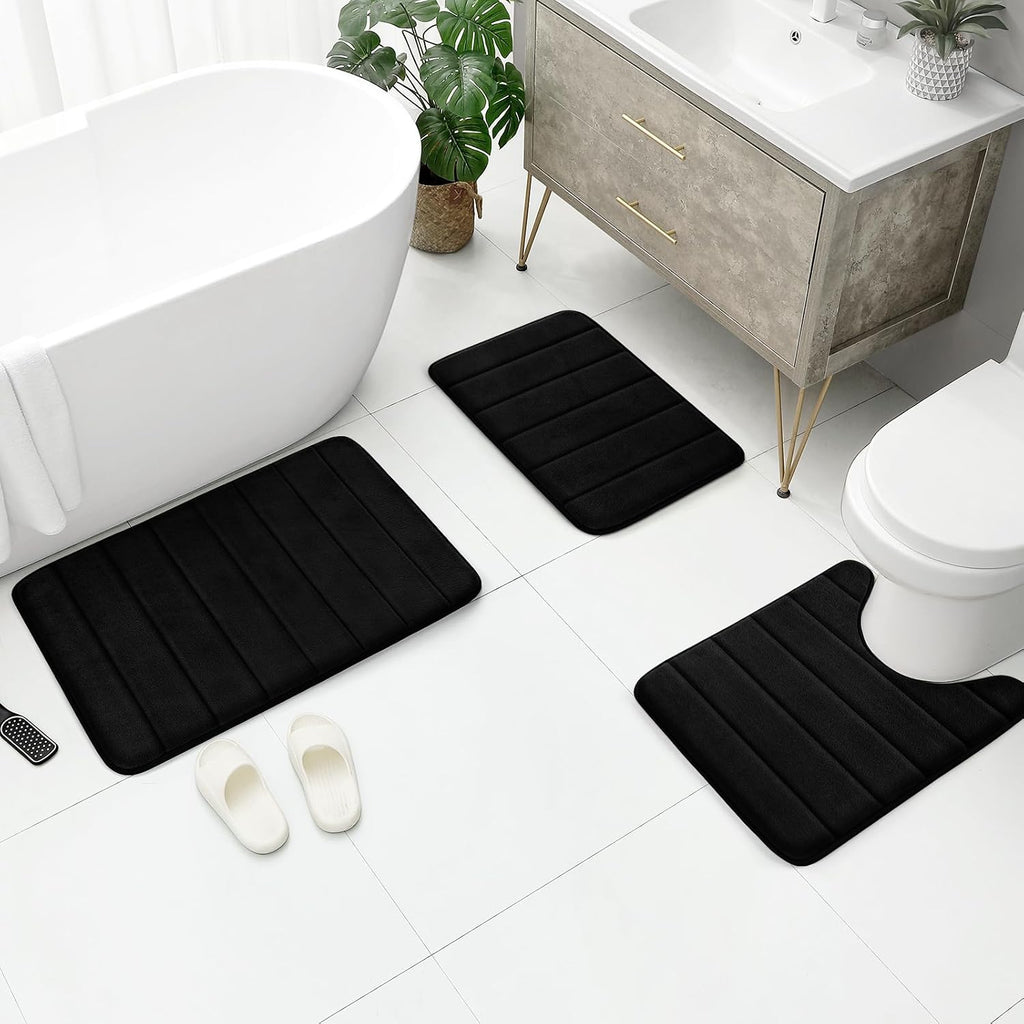 Black Memory Foam Bathroom Rug Set 3 Piece, Non Slip Extra Soft Absorbent Washable & Dry Toilet Bath Mat Sets