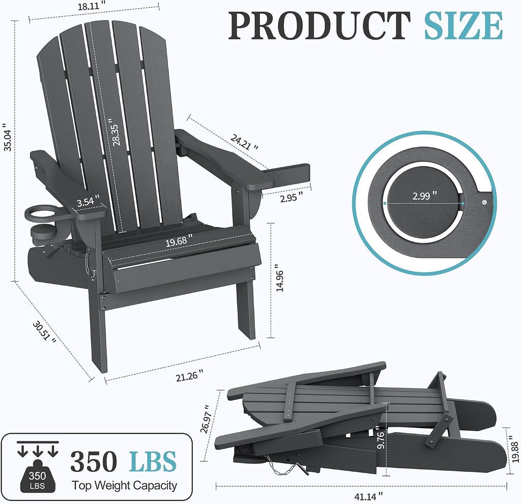 Folding Adirondack Chairs Set of 2,HDPE All-Weather Patio Chairs with Cup Holder & Phone Holder,Wooden Textured Fire