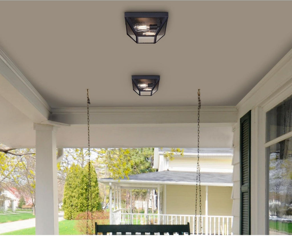 Wyndham 12 Inch Transitional Two-Light Outdoor Flush Mount Ceiling Light, Textured Black Finish, Clear Seeded Glass