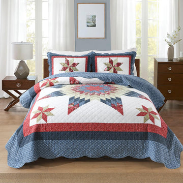 Cotton Quilt Bedding Sets 3 Pieces Soft Reversible Coverlets Luxury Star Handmade Real Patchwork Red Blue Bedspread