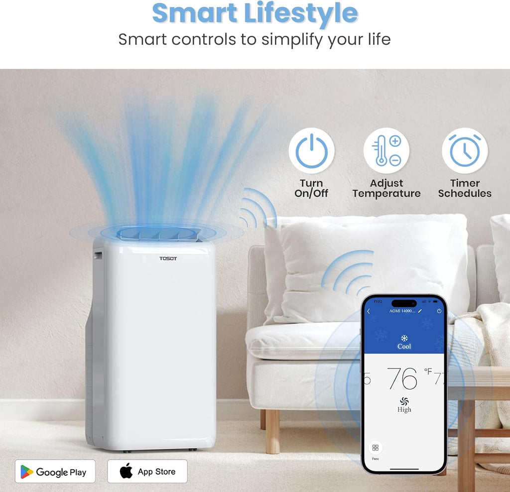 14,000BTU (9,600 BTU SACC) Smart WiFi Portable Air Conditioner with Heater, Powerful Cooling Auto Swing, Dehumidifier