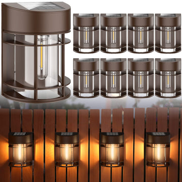 Solar Fence Lights, 8 Pack Deck Light Waterproof Solar Outdoor Lights for Garden Fence Post Backyard Decor, Brown