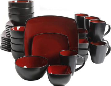Soho Lounge Square Reactive Glaze Stoneware Dinnerware Set, Service for 8 (40pc), Red/Black