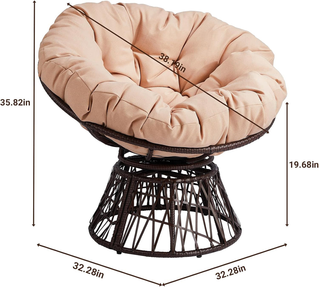 38" Ergonomic Swivel Papasan Chair, 360 Degree Rotating Round Lounge Chair with Thick Tufted Cushion, Modern Wicker