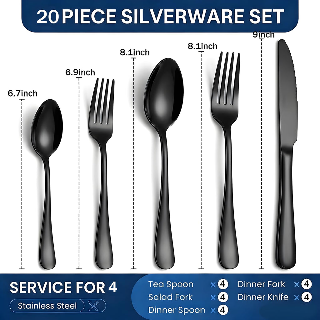 20-Piece Black Silverware Set, Stainless Steel Flatware Set Service for 4