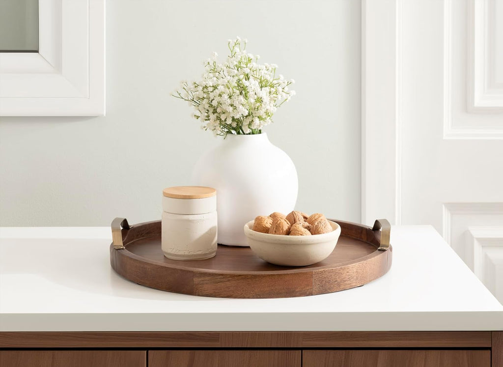 Farson Modern Decorative Wood Round Ottoman Tray with Handles, 18 Inch Diameter, Walnut Brown and Antique Brass