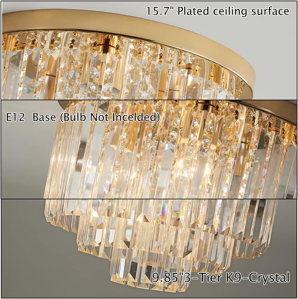 Modern French Gold Crystal Chandelier Ceiling Light,16" Semi Flush Mount 5-Lights 3-Tier Crystal Round Chandelier