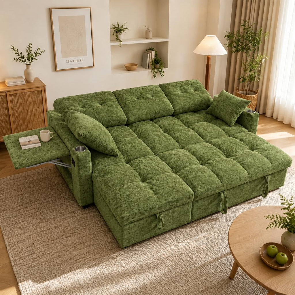 82" Sleeper Sectional Sofa, Comfy Convertible Sofa Bed with Pull Out Couches, Chenille L Shaped Couch with Reversible